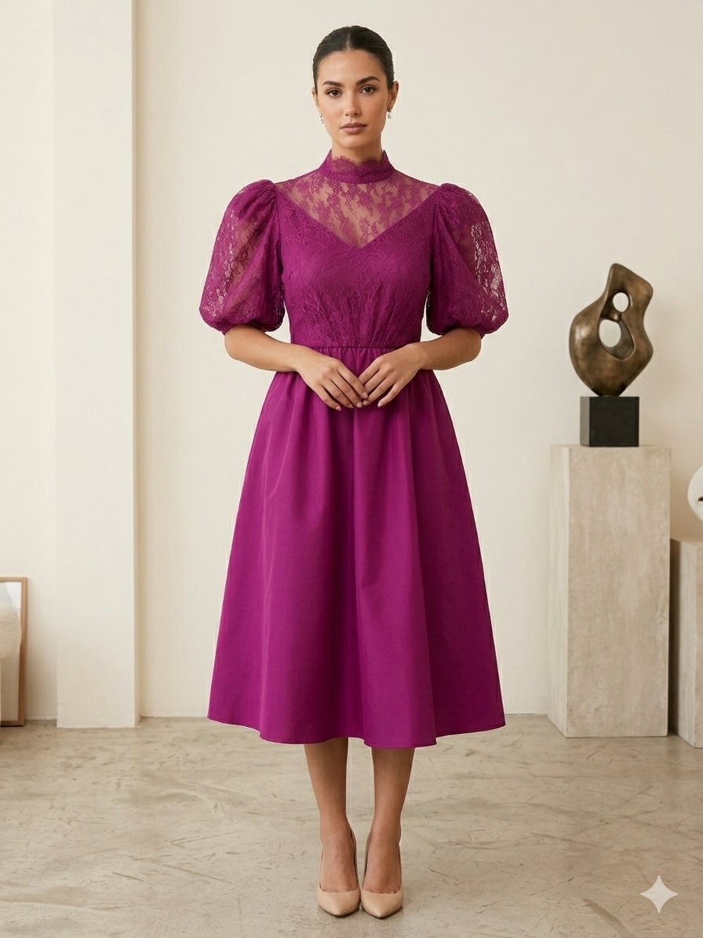 Vintage 80’s High-Neck Lace Puff Sleeve Midi Dress in Magenta